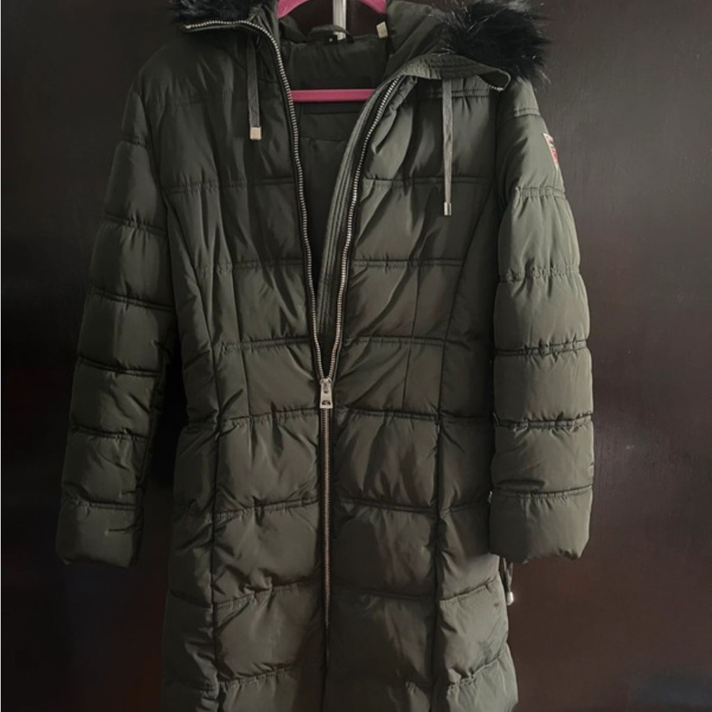 G by Guess Olive Puffer Coat with Faux Fur Trim